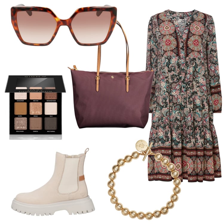 Outfit donna - Total look #1979804. Stile Boho per Tutti i giorni. Abbinamento con vestiti, stivaletti, ombretti, braccialetti, borse a spalla, occhiali da sole.
