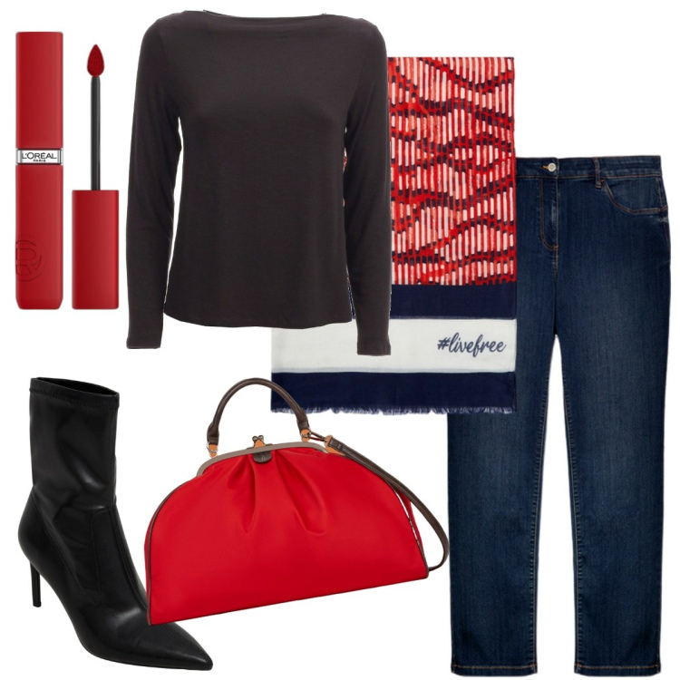 Outfit donna - Minimal sexy. Stile Minimal per Serata fuori. Abbinamento con rossetti, stivaletti, sciarpe, jeans dritti, borse a spalla, maglieria.