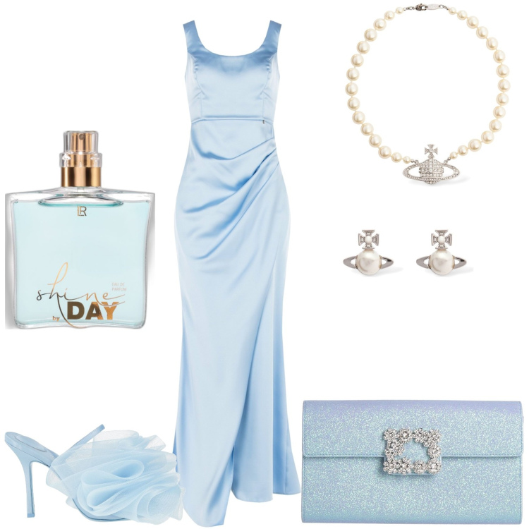 Outfit donna - Cerimonia in celeste polvere. Stile Chic per Cerimonia. Abbinamento con borse a mano, sandali in pelle, profumi, vestiti lunghi, collane, orecchini.