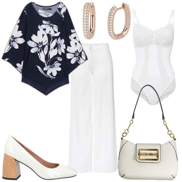 Outfit donna - Fiori bianchi anche in inverno. Stile Glamour per Tutti i giorni. Abbinamento con pantaloni a palazzo, body, maglieria, décolleté, orecchini, borse a spalla.