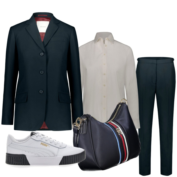 Outfit donna - Easy everyday. Stile Basic per Tutti i giorni. Abbinamento con sneakers, borse a tracolla, pantaloni, blazer, camicie.