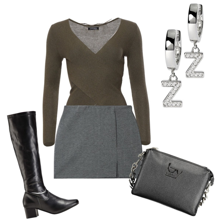 Outfit donna - La minigonna con lo spacchetto. Stile Casual chic per Serata fuori. Abbinamento con stivali, minigonne, orecchini, maglieria, borse a spalla.