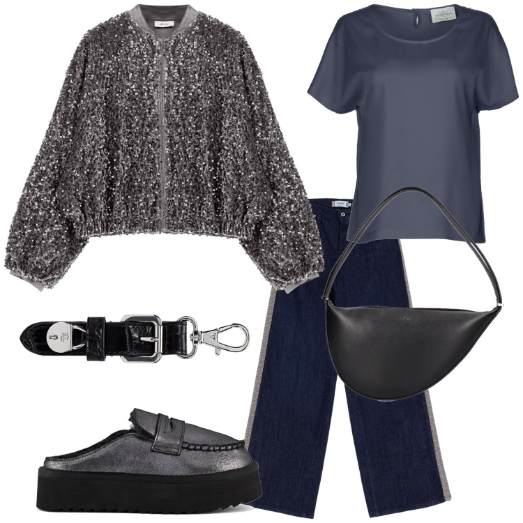Outfit donna - Bomber wow. Stile Glamour per Tutti i giorni. Abbinamento con jeans, bomber, portachiavi, mocassini, borse a spalla, bluse.