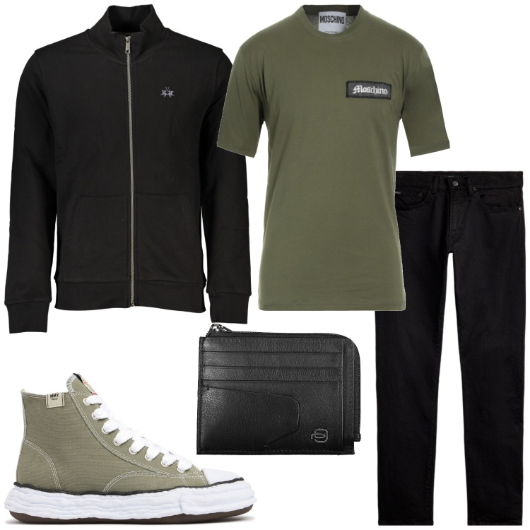 Outfit uomo - Total look #1979841. Stile Urban per Tutti i giorni. Abbinamento con t-shirt, jeans, sneakers, felpe, portafogli.
