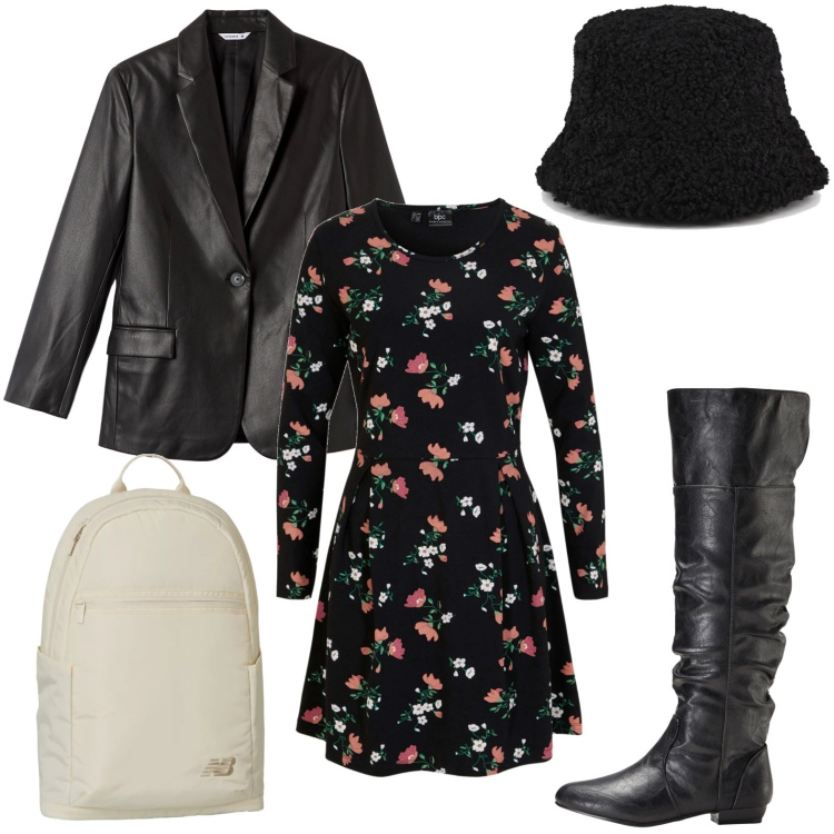 Outfit donna - Lo zaino capiente. Stile Casual per Scuola/Università. Abbinamento con stivali sopra il ginocchio, vestiti, blazer, zaini, cappelli.
