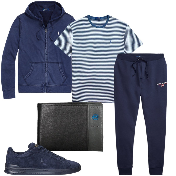 Outfit uomo - Domenica mattina in relax. Stile Casual per Tutti i giorni. Abbinamento con t-shirt, sneakers, pantaloni, felpe con cappuccio, portafogli.