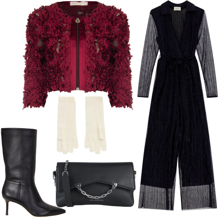 Outfit donna - Giacca petalosa. Stile Chic per Serata fuori. Abbinamento con borse a tracolla, blazer, tute, stivali, guanti.