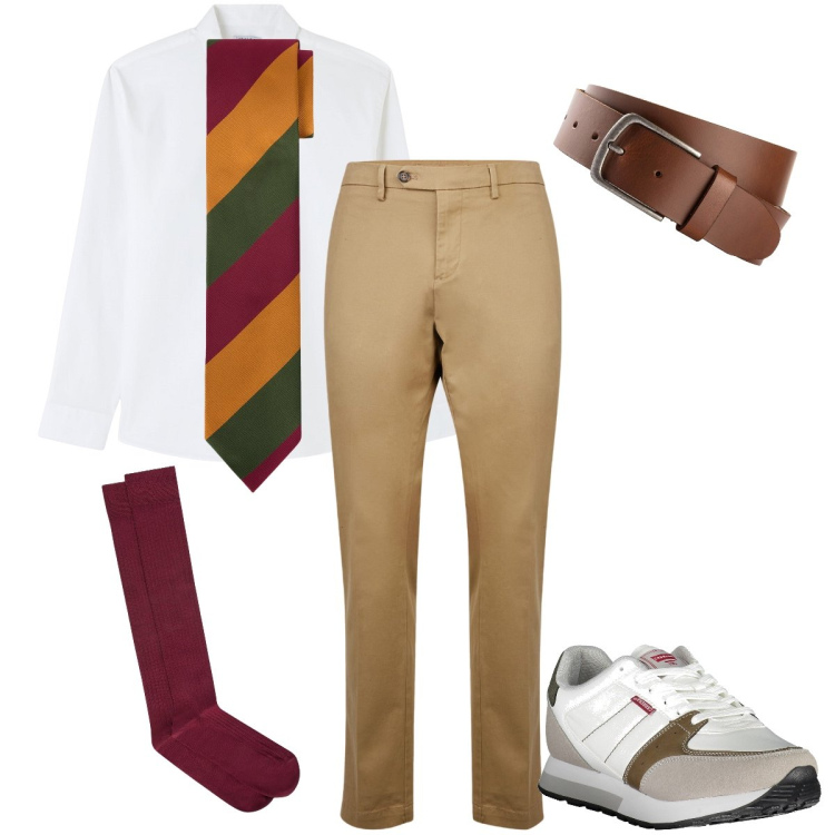 Outfit uomo - La cravatta colorata. Stile Business/Elegante per Ufficio. Abbinamento con cinture, camicie, pantaloni chino, calzini, cravatte, sneakers.