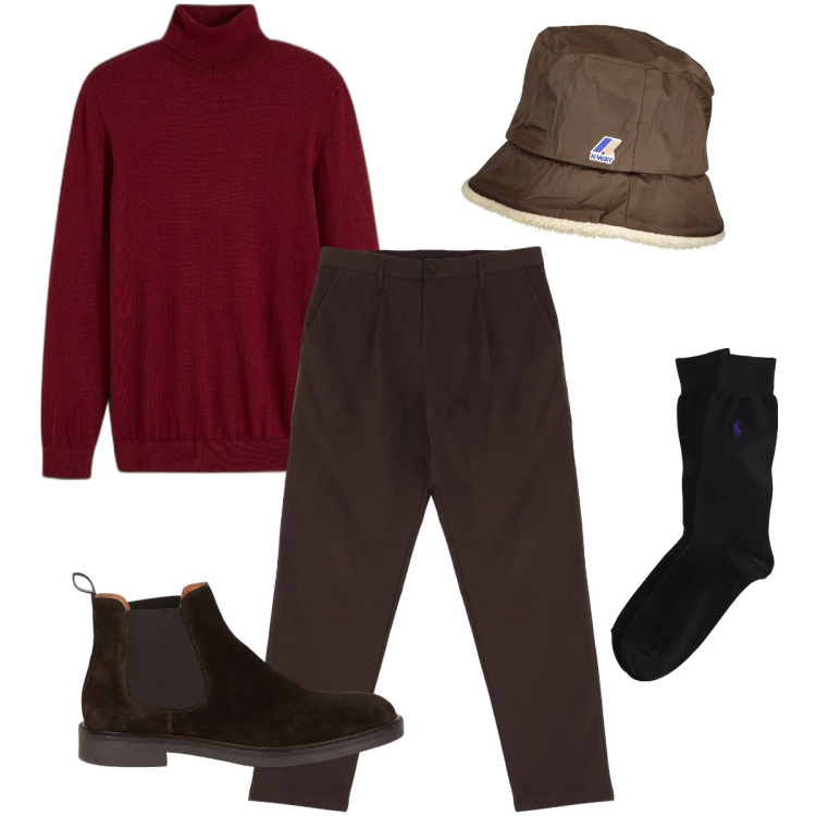 Outfit uomo - La dolcevita bordeaux. Stile Trendy per Ufficio. Abbinamento con maglieria, pantaloni chino, calzini, cappelli, stivali e stivaletti.