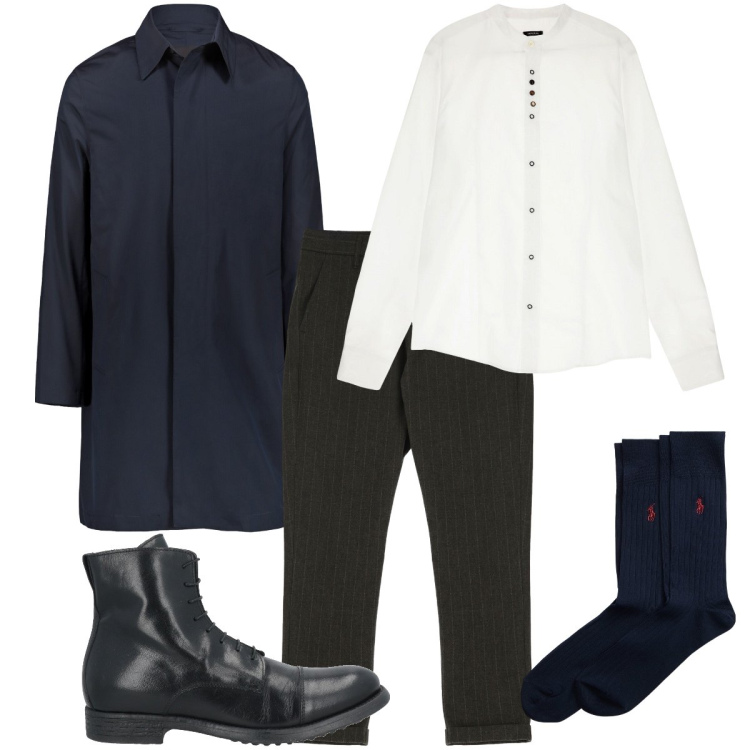 Outfit uomo - Il cappotto elegante. Stile Business/Elegante per Cerimonia. Abbinamento con stivali e stivaletti, camicie, pantaloni, calzini, giacche.