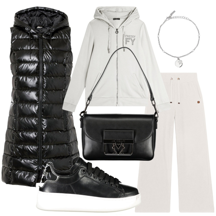 Outfit donna - Gilet lungo must have. Stile Sporty chic per Sport. Abbinamento con gilet, braccialetti con ciondoli, pantaloni, felpe con cappuccio, sneakers, borse a tracolla.