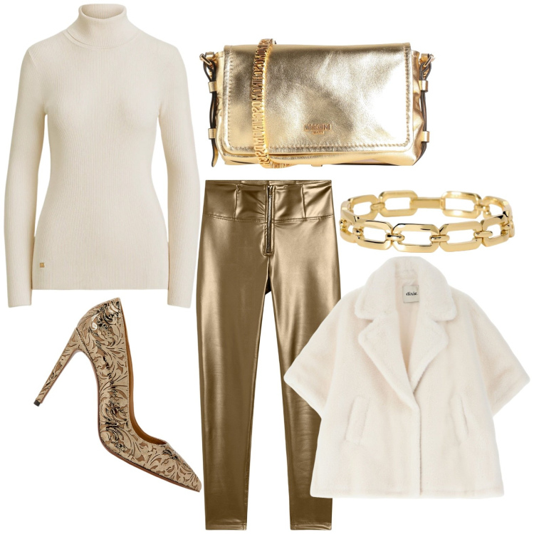 Outfit donna - White&Gold. Stile Trendy per Serata fuori. Abbinamento con borse a tracolla, braccialetti, pantaloni skinny, blazer, décolleté, maglieria.