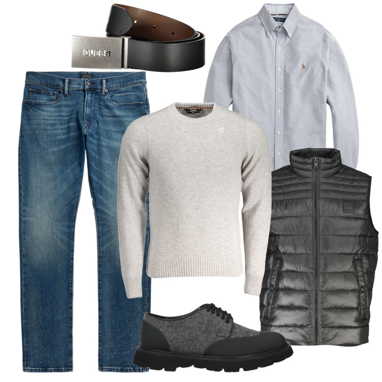 Outfit uomo - Coordinato scarpe e smanicato. Stile Casual per Tutti i giorni. Abbinamento con scarpe stringate, camicie, jeans, maglieria, giacche, cinture.