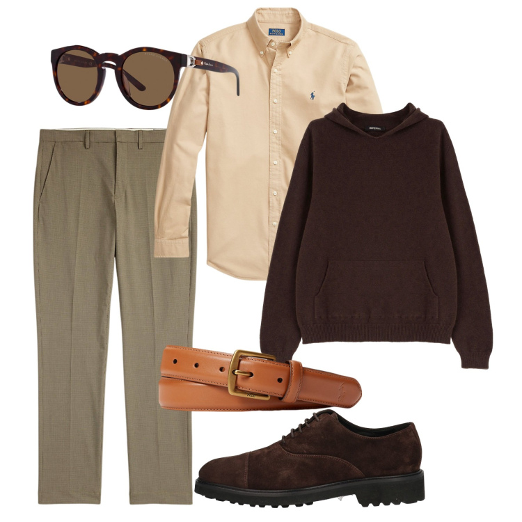 Outfit uomo - Il pull castagna. Stile Trendy per Tutti i giorni. Abbinamento con scarpe stringate, maglieria, cinture, occhiali da sole, camicie, pantaloni.