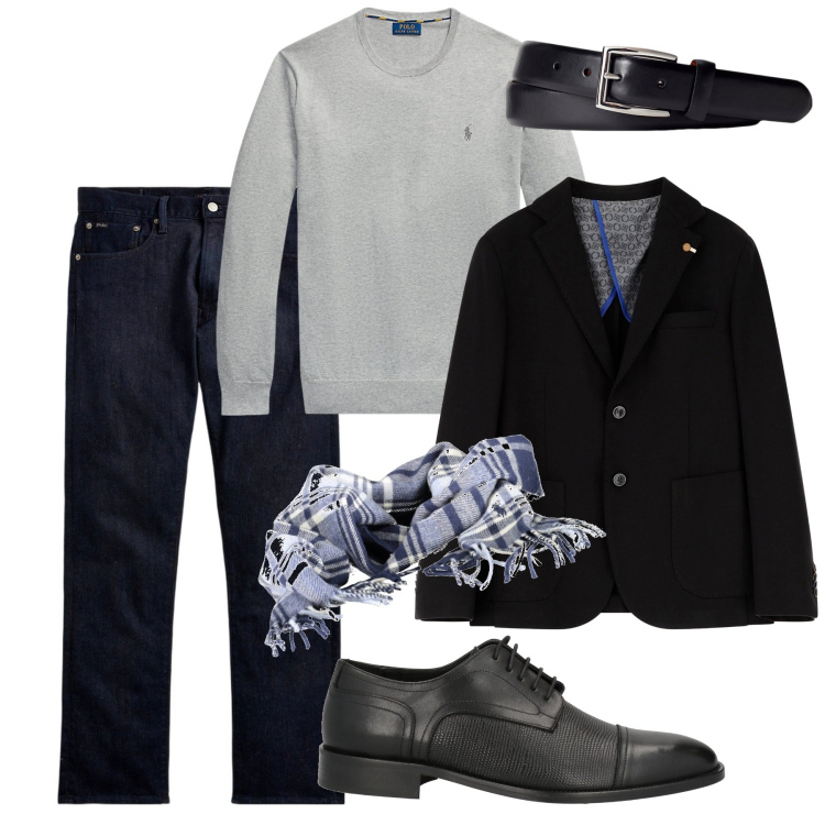 Outfit uomo - Ottobre. Stile Casual per Serata speciale. Abbinamento con scarpe stringate, giacche, cinture, maglieria, jeans dritti, sciarpe.