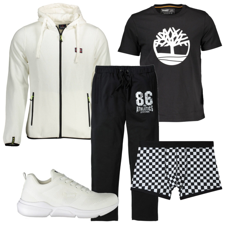 Outfit uomo - Sporty fashion. Stile Trendy per Sport. Abbinamento con pantaloni, boxer, felpe con cappuccio, t-shirt, sneakers.