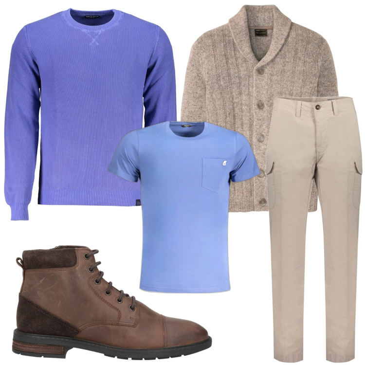 Outfit uomo - Il viola ti dona. Stile Trendy per Tutti i giorni. Abbinamento con cardigans, stivali e stivaletti, pantaloni, maglieria, t-shirt.