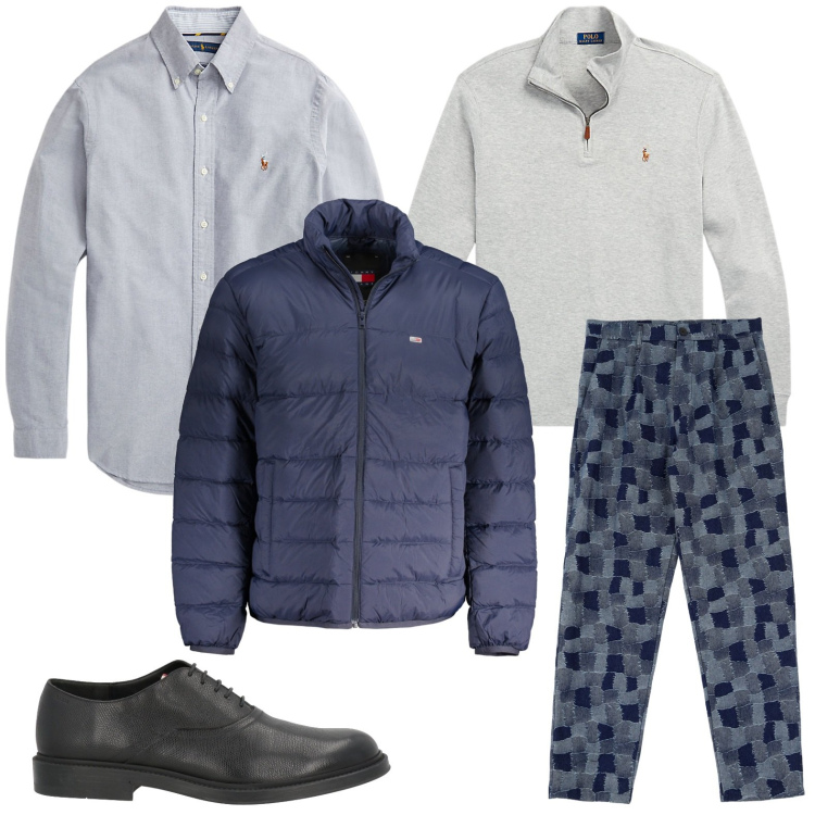 Outfit uomo - Eleganza e comfort. Stile Trendy per Ufficio. Abbinamento con scarpe stringate, pantaloni cargo, pullovers, camicie, giacche.