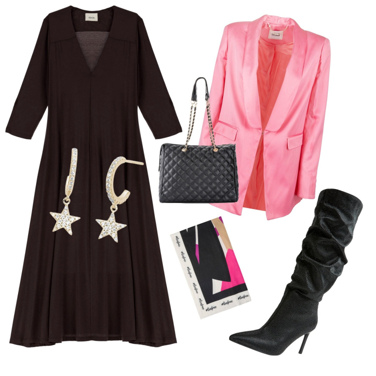 Outfit donna - A cena con le amiche. Stile Casual chic per Serata fuori. Abbinamento con shopping bag, stivali, orecchini, blazer, vestiti lunghi, sciarpe.