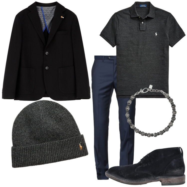 Outfit uomo - Blazer e Berretto. Stile Trendy per Tutti i giorni. Abbinamento con pantaloni, stivali e stivaletti, braccialetti, giacche, berretti, polo.