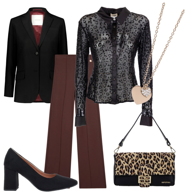 Outfit donna - Animalier per un\'uscita. Stile Chic per Serata fuori. Abbinamento con ciondoli, camicie, borse a spalla, pantaloni, blazer, décolleté.