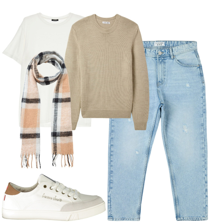Outfit uomo - Total look #1979972. Stile Casual per Tutti i giorni. Abbinamento con jeans strappati, maglieria, sciarpe, t-shirt, sneakers.
