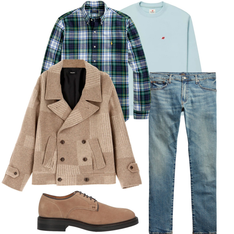 Outfit uomo - Cappotto crop doppiopetto. Stile Trendy per Ufficio. Abbinamento con scarpe stringate, felpe, cappotti, jeans, camicie.