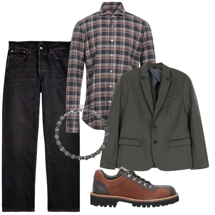 Outfit uomo - Trendy man. Stile Trendy per Tutti i giorni. Abbinamento con scarpe stringate, camicie, braccialetti, giacche, jeans dritti.
