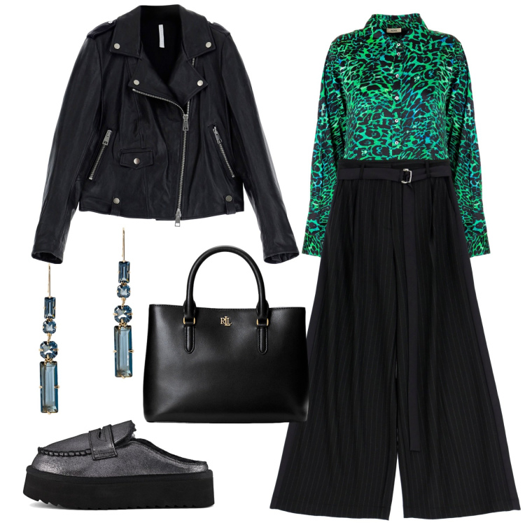 Outfit donna - Total look #1980003. Stile Rock per Ufficio. Abbinamento con camicie, giacche, pantaloni, orecchini, borse a mano, mocassini.