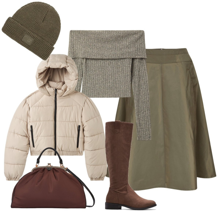 Outfit donna - In città. Stile Trendy per Tutti i giorni. Abbinamento con stivali, maglieria, blazer, berretti, gonne, borse a spalla.
