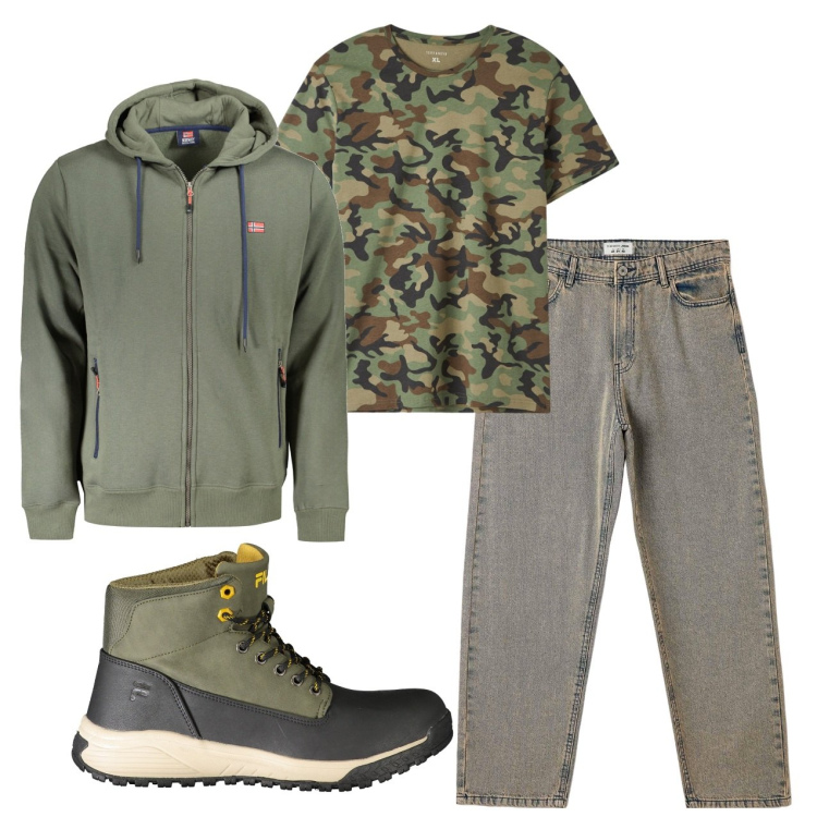 Outfit uomo - Quasi military. Stile Urban per Tutti i giorni. Abbinamento con t-shirt, jeans, felpe con cappuccio, stivali.
