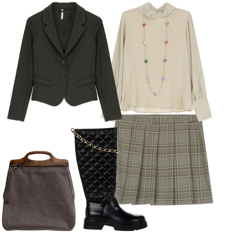 Outfit donna - In ateneo. Stile Bon Ton per Scuola/Università. Abbinamento con stivali, collane, blazer, camicie, minigonne, borse a tracolla.