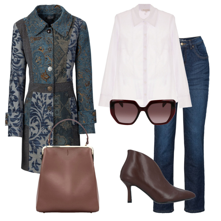 Outfit donna - Il cappotto protagonista. Stile Casual chic per Tutti i giorni. Abbinamento con cappotti, jeans dritti, stivaletti, camicie, borse a spalla, occhiali da sole.