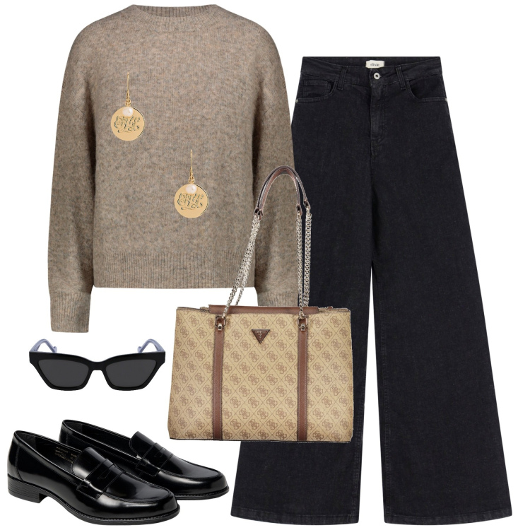 Outfit donna - City. Stile Basic per Tutti i giorni. Abbinamento con jeans, orecchini, maglieria, mocassini, pochette, occhiali da sole.
