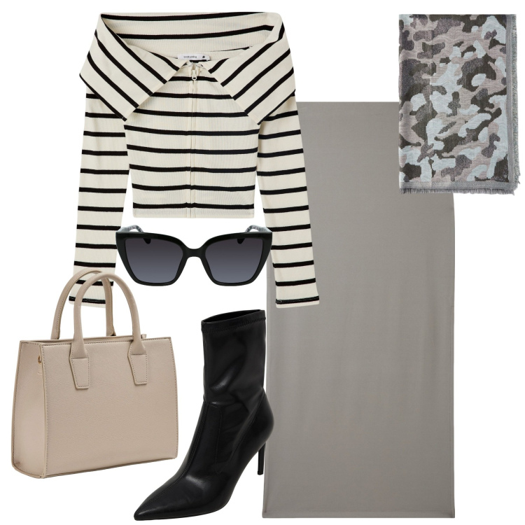 Outfit donna - City. Stile Casual chic per Tutti i giorni. Abbinamento con cardigans, stivaletti, gonne lunghe, shopping bag, occhiali da sole, sciarpe.