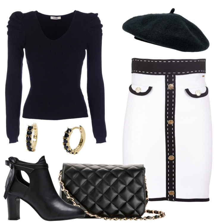 Outfit donna - Parisienne. Stile Chic per Tutti i giorni. Abbinamento con borse a tracolla, stivaletti, orecchini, gonne, maglieria, cappelli e berretti.