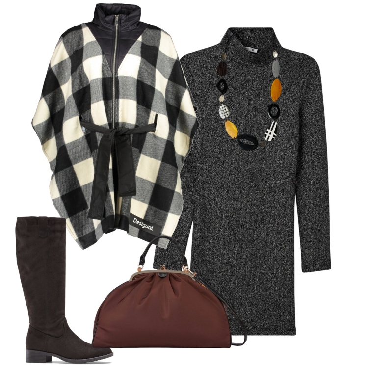Outfit donna - Ottobre. Stile Urban per Tutti i giorni. Abbinamento con stivali, vestiti corti, cappotti, collane, borse a spalla.