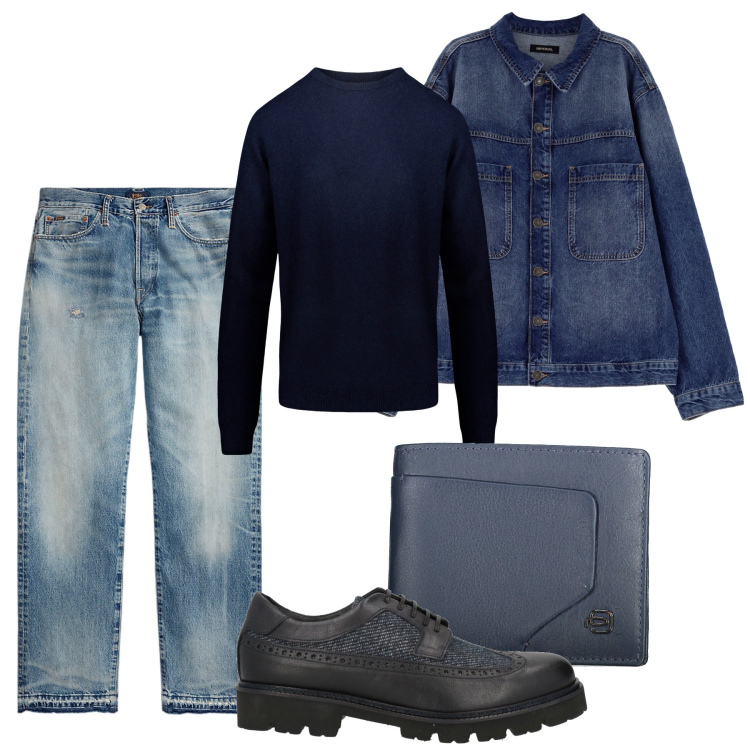 Outfit uomo - Blue blu. Stile Casual per Tutti i giorni. Abbinamento con scarpe stringate, giacche, jeans dritti, maglieria, portafogli.