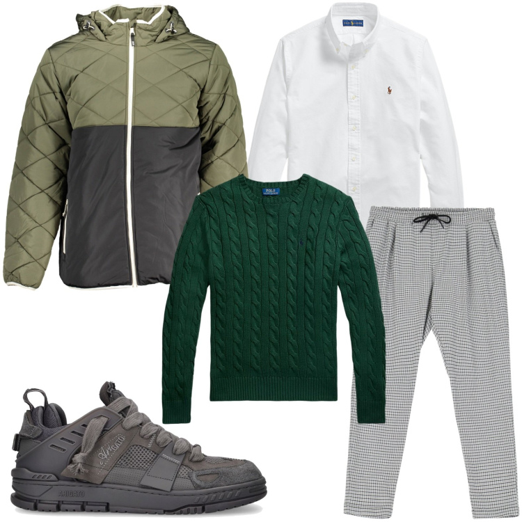 Outfit uomo - Il giaccone bicolor. Stile Trendy per Tutti i giorni. Abbinamento con pantaloni, camicie, maglieria, sneakers, giacche.