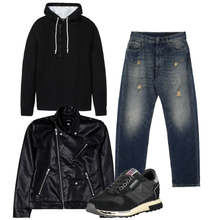 Outfit uomo - Nero urban. Stile Urban per Tutti i giorni. Abbinamento con maglieria, giacche, jeans strappati, sneakers.
