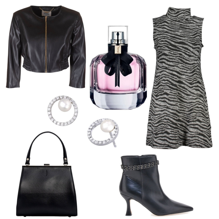 Outfit donna - Vestito animalier. Stile Casual chic per Serata fuori. Abbinamento con profumi, orecchini, blazer, vestiti corti, stivaletti, clutch.