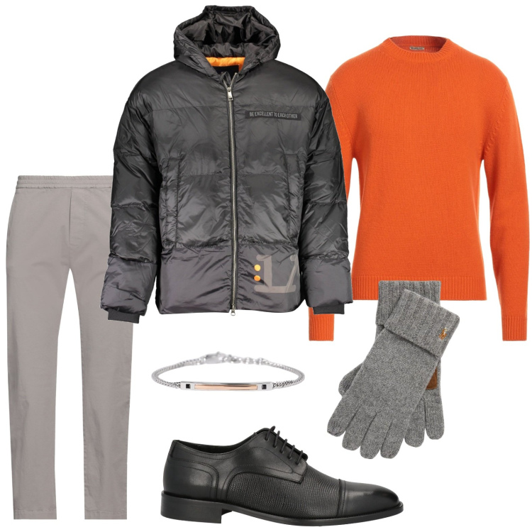 Outfit uomo - Il pullover arancio. Stile Casual per Ufficio. Abbinamento con scarpe stringate, pullovers, pantaloni chino, braccialetti, guanti, piumini.