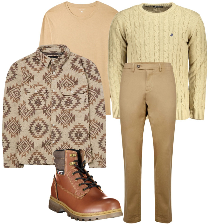 Outfit uomo - Note brown. Stile Trendy per Ufficio. Abbinamento con cappotti, maglieria, maglieria, pantaloni chino, stivali.