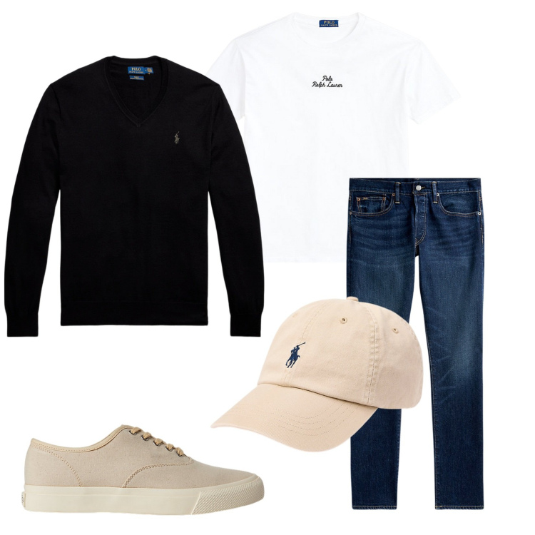 Outfit uomo - In pieno autunno. Stile Casual per Tutti i giorni. Abbinamento con sneakers, cappelli, t-shirt, jeans, maglieria.
