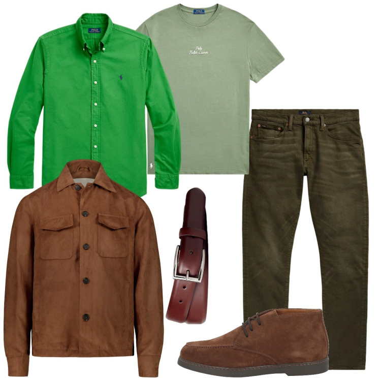 Outfit uomo - Verde acceso con i jeans muschio. Stile Urban per Tutti i giorni. Abbinamento con stivali e stivaletti, jeans, cinture, camicie, t-shirt, giacche.