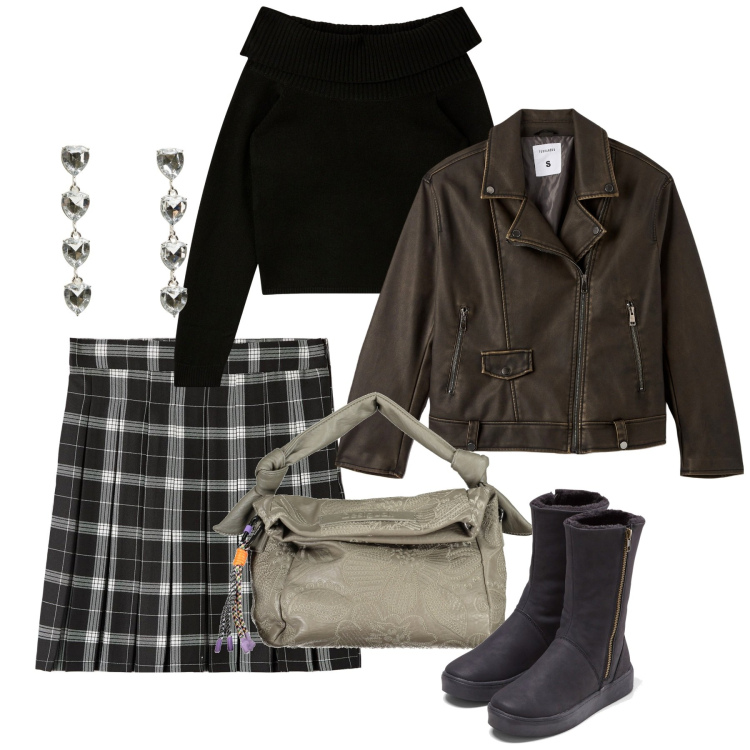 Outfit donna - La mini a quadroni. Stile Bon Ton per Tutti i giorni. Abbinamento con stivali, minigonne, maglieria, giacche, orecchini, borse a spalla.