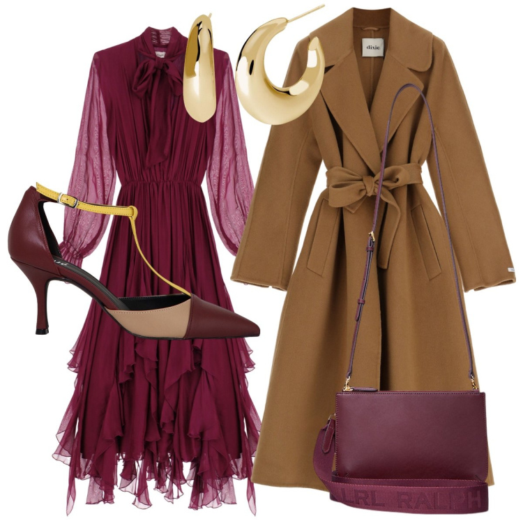 Outfit donna - Serate d’autunno. Stile Bon Ton per Serata fuori. Abbinamento con orecchini, vestiti lunghi, décolleté, cappotti, borse a tracolla.