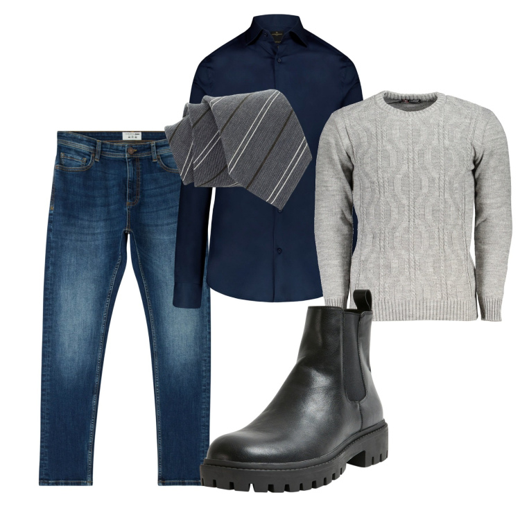 Outfit uomo - Grey and blue. Stile Casual per Tutti i giorni. Abbinamento con jeans skinny, stivali e stivaletti, cravatte, camicie, maglieria.