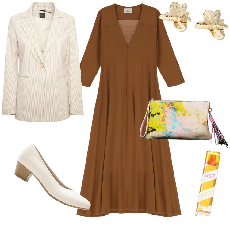 Outfit donna - Oggi invito a una cresima. Stile Trendy per Cerimonia. Abbinamento con décolleté, profumi, vestiti lunghi, orecchini, blazer, borse a mano.