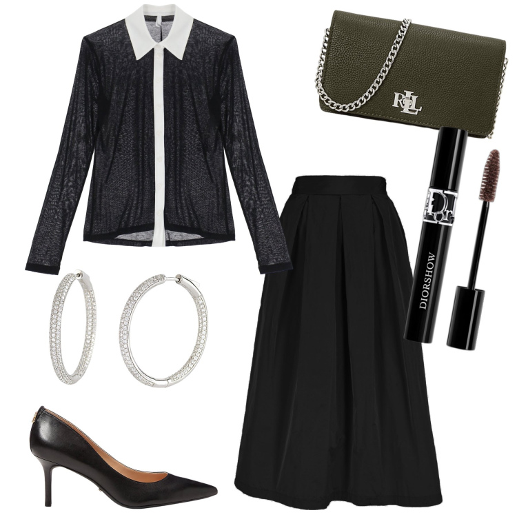 Outfit donna - Aperichic. Stile Bon Ton per Serata fuori. Abbinamento con mascara, orecchini, camicie, décolleté, borse a mano, gonne.